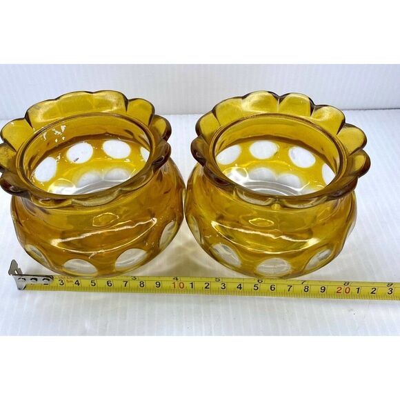 MID CENTURY MODERN CANDLE HOLDERS YELLOW SCALLOPED THUMBPRINT DESIGN - Picture 7 of 8